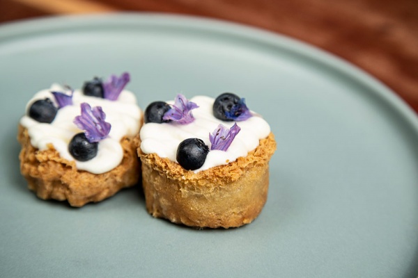 Ghewar with crème fraiche and berries